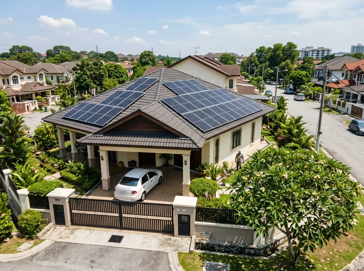 A bungalow with a dark grey tiled hip roof carrying two arrays of solar panels, a white car in the porch