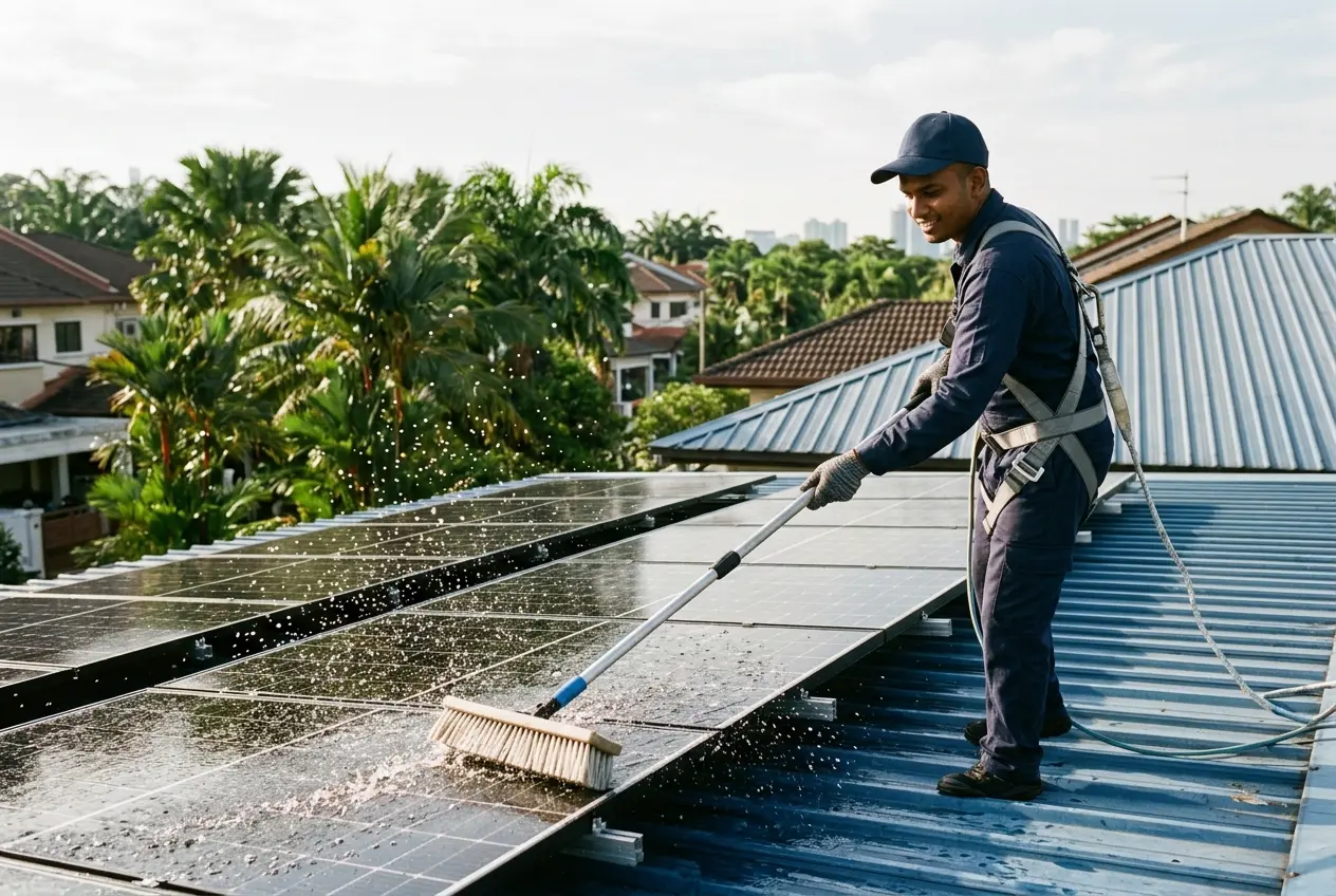 A technician cleaning wet solar panels on a metal deck roof with a long soft brush