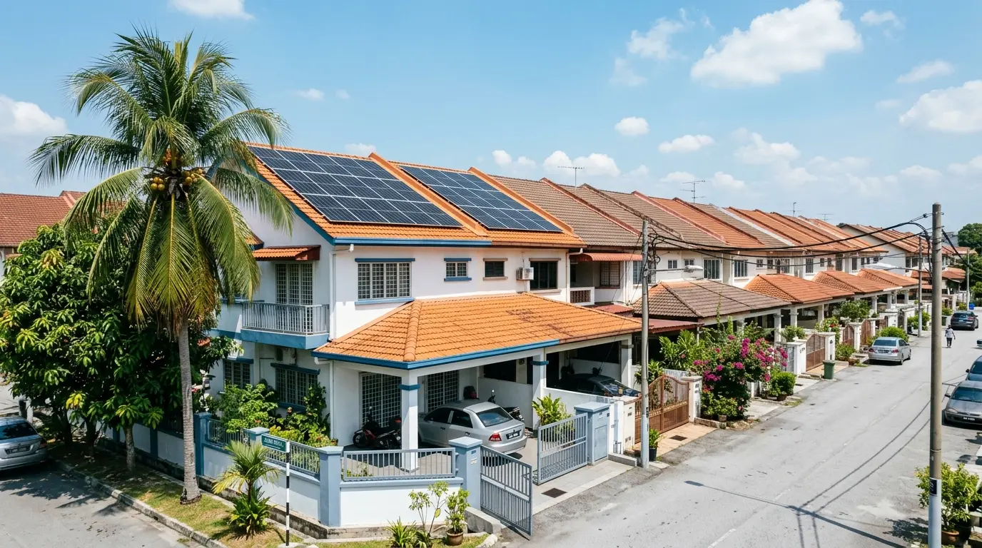 A row of double-storey terrace houses in Petaling Jaya at noon, the nearest one with black solar panels on its orange clay tile roof