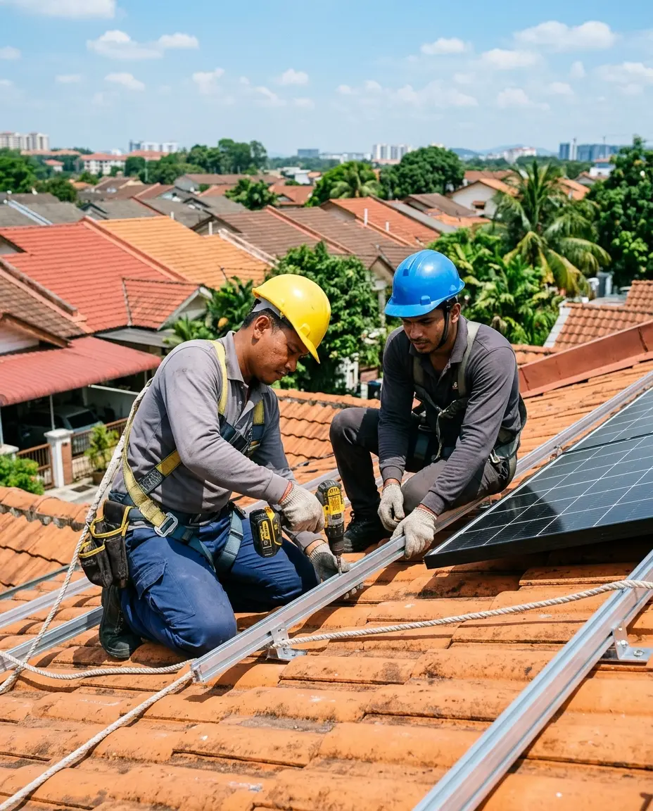 Two installers in hard hats and safety harnesses fixing aluminium rails to a clay tile roof, a solar panel beside them