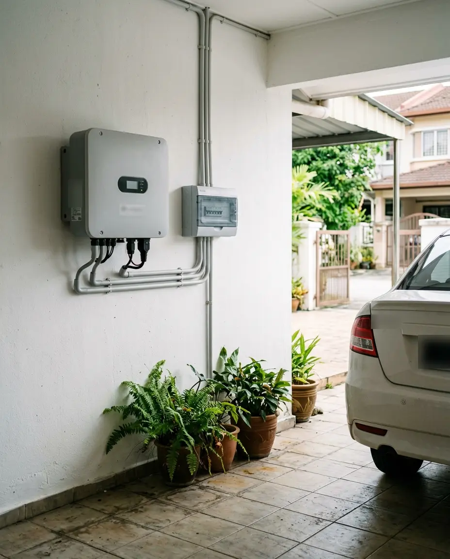 A grey inverter and a small distribution box on a white car porch wall, conduit running neatly up to the roof