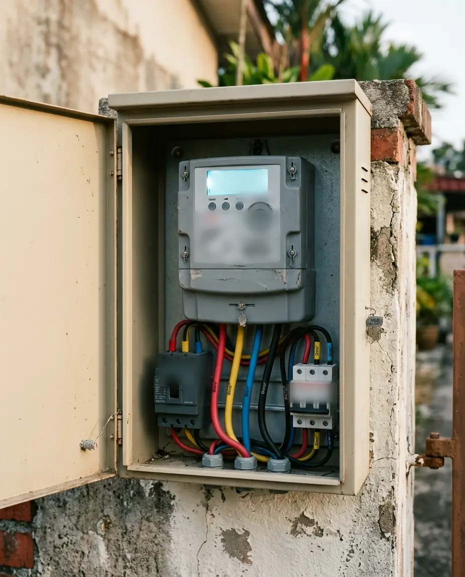 A digital electricity meter inside an outdoor meter box on a house wall