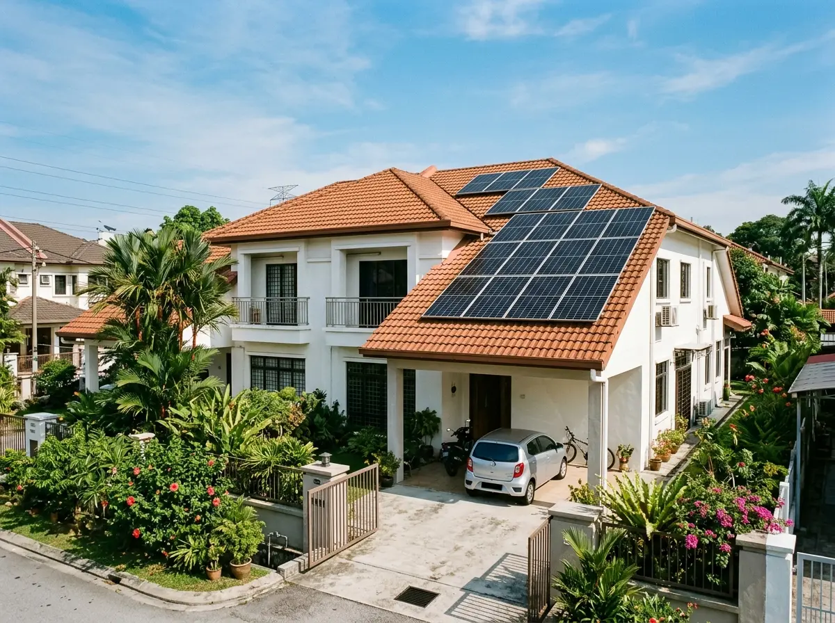 A semi-detached house with eighteen solar panels on its orange clay tile roof, a small car in the porch