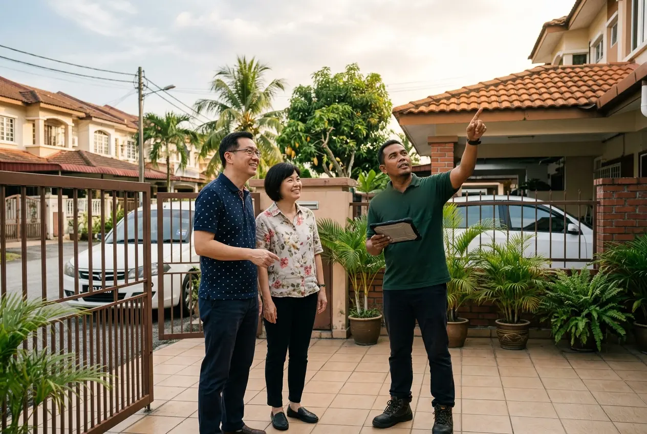 A surveyor in a green polo shirt pointing up at a terrace roof while the homeowner couple looks on